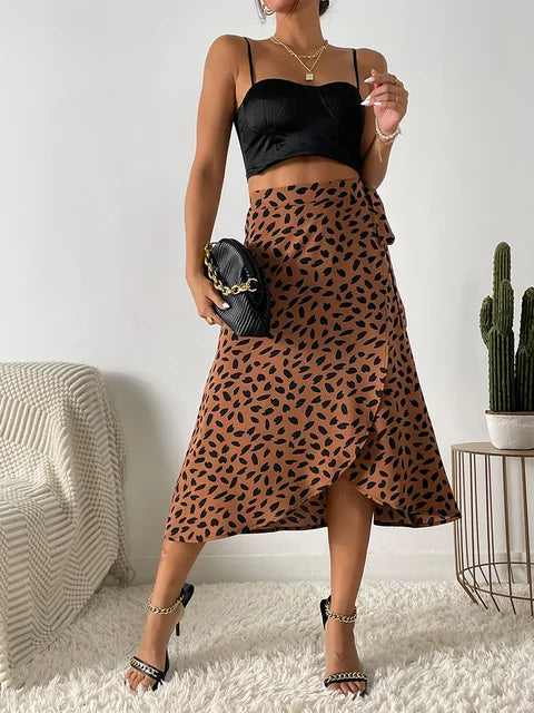 NOUVEAU RICHE Midi Wickelrock für Damen mit Asymmetrischem Saum und Bedrucktem Design in Verstellbarer Passform für Jeden Anlass Braun