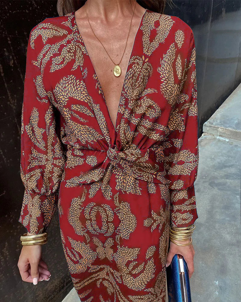 NOUVEAU RICHE Seléne | Damen-Midikleid – Wickeloptik & Blätterprint