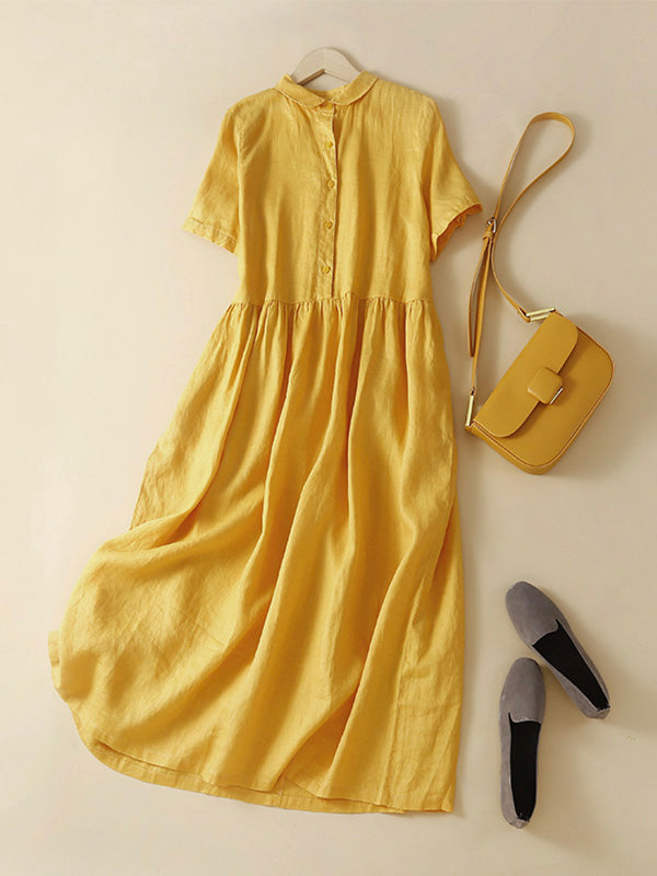 NOUVEAU RICHE Midikleid Aus Baumwolle Und Leinen Mit Revers Und Knopfleiste In Größe M Für Eine Entspannte Silhouette Gelb