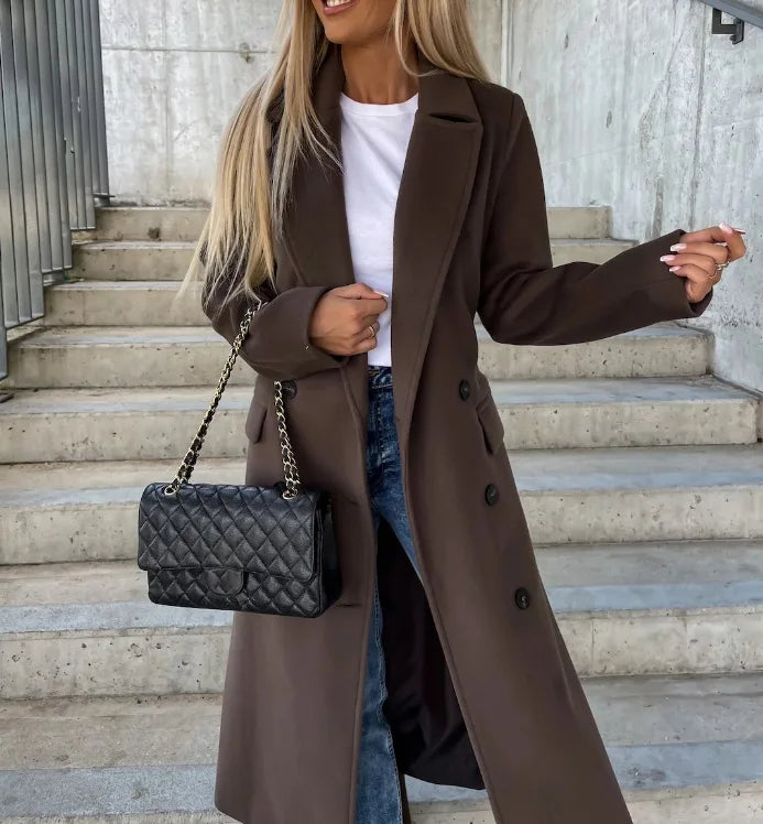 NOUVEAU RICHE Damen Zweireiher Mantel Zeitloser Struktur Revers Eleganz Schokolade