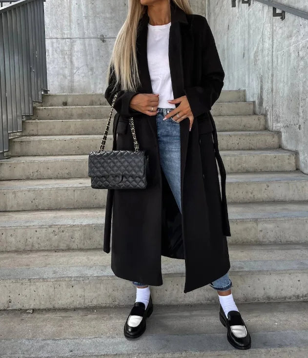 NOUVEAU RICHE Damen Zweireiher Mantel Zeitloser Struktur Revers Eleganz Schwarz