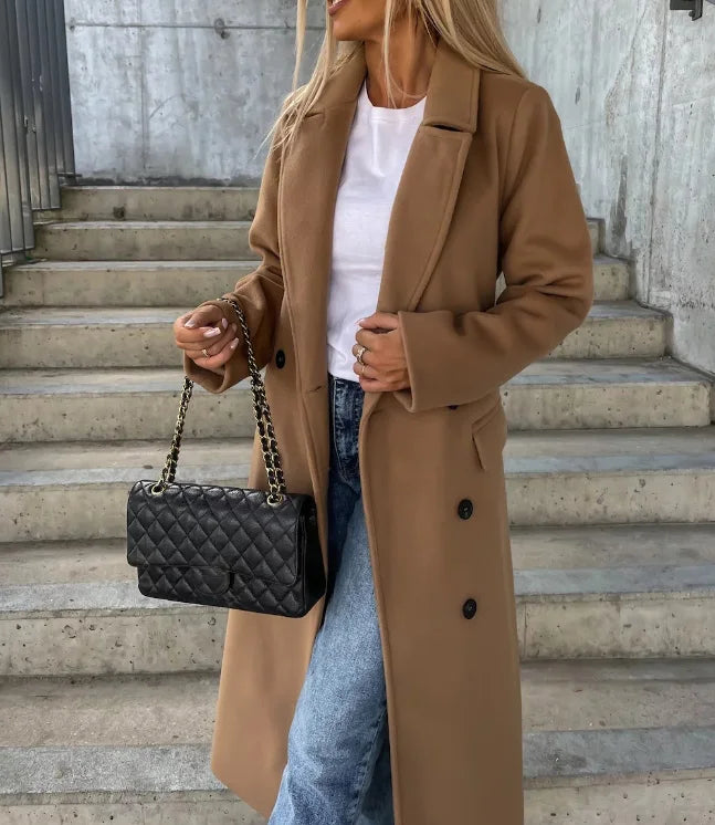 NOUVEAU RICHE Damen Zweireiher Mantel Zeitloser Struktur Revers Eleganz Khaki