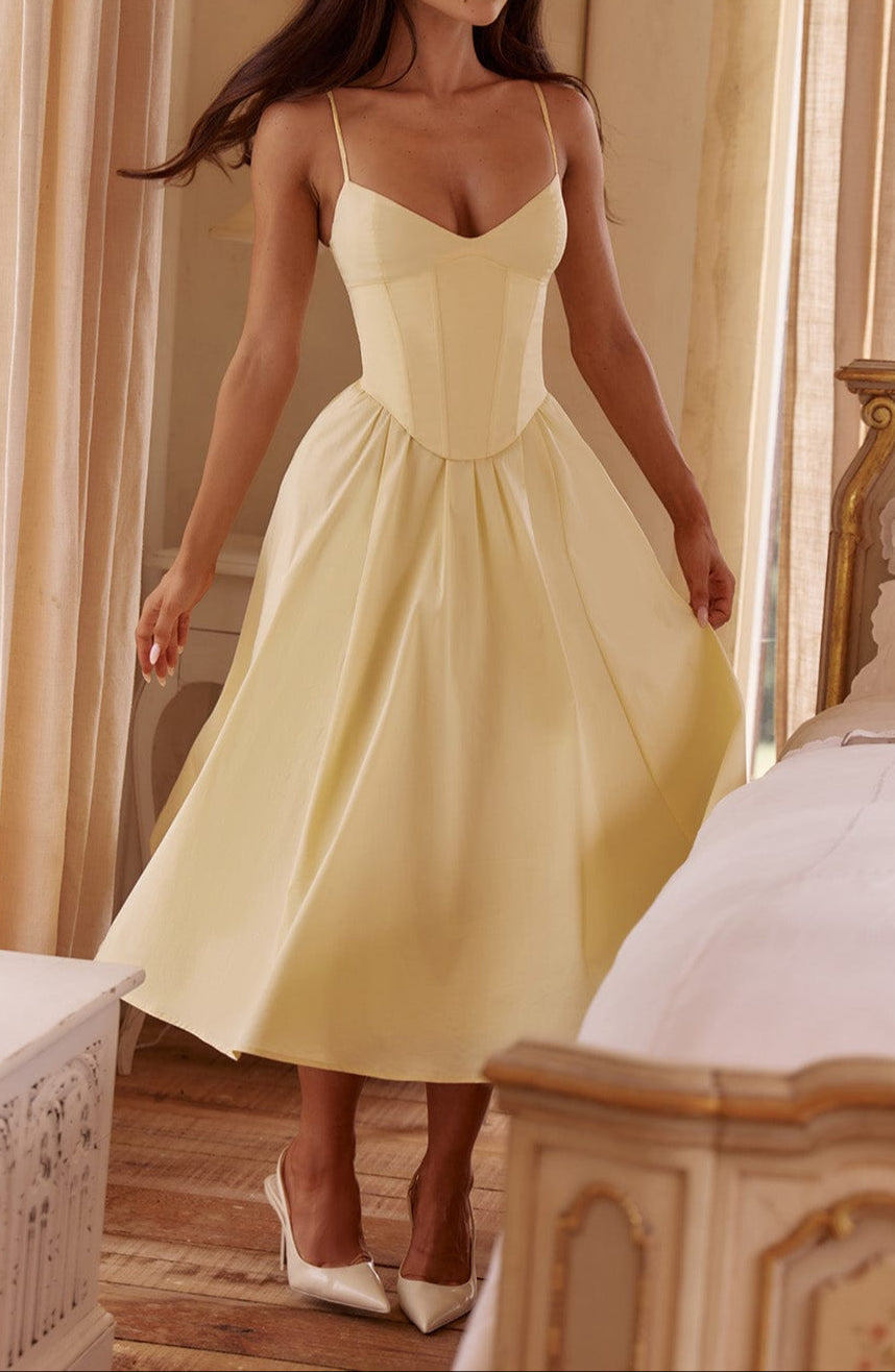 NOUVEAU RICHE Zitronengelb Midi Kleid Mit Herz Ausschnitt Und Korsett L