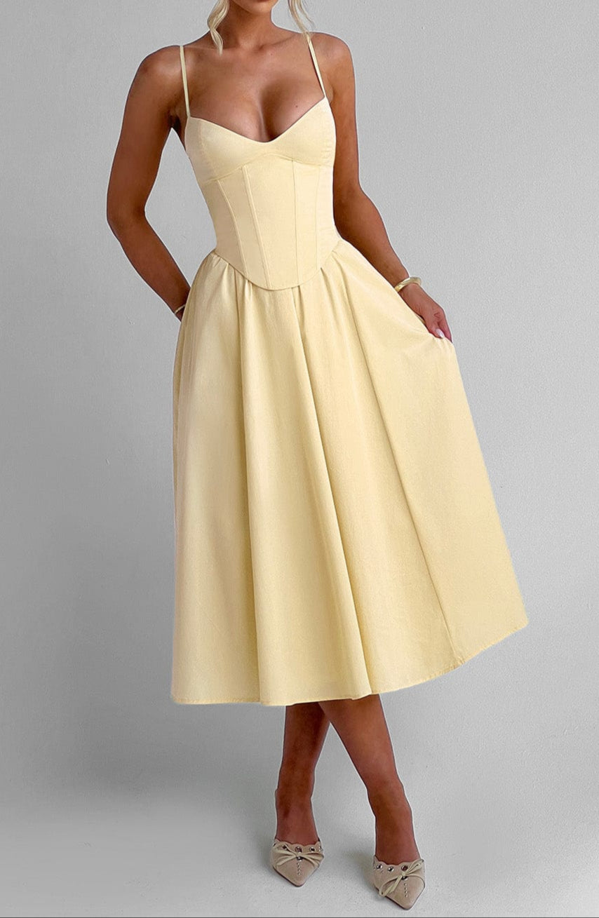 NOUVEAU RICHE Zitronengelb Midi Kleid Mit Herz Ausschnitt Und Korsett