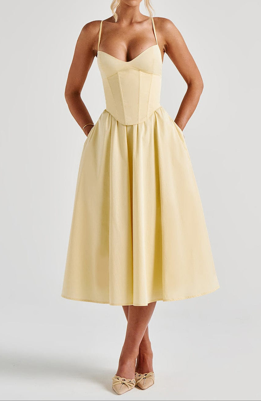 NOUVEAU RICHE Zitronengelb Midi Kleid Mit Herz Ausschnitt Und Korsett