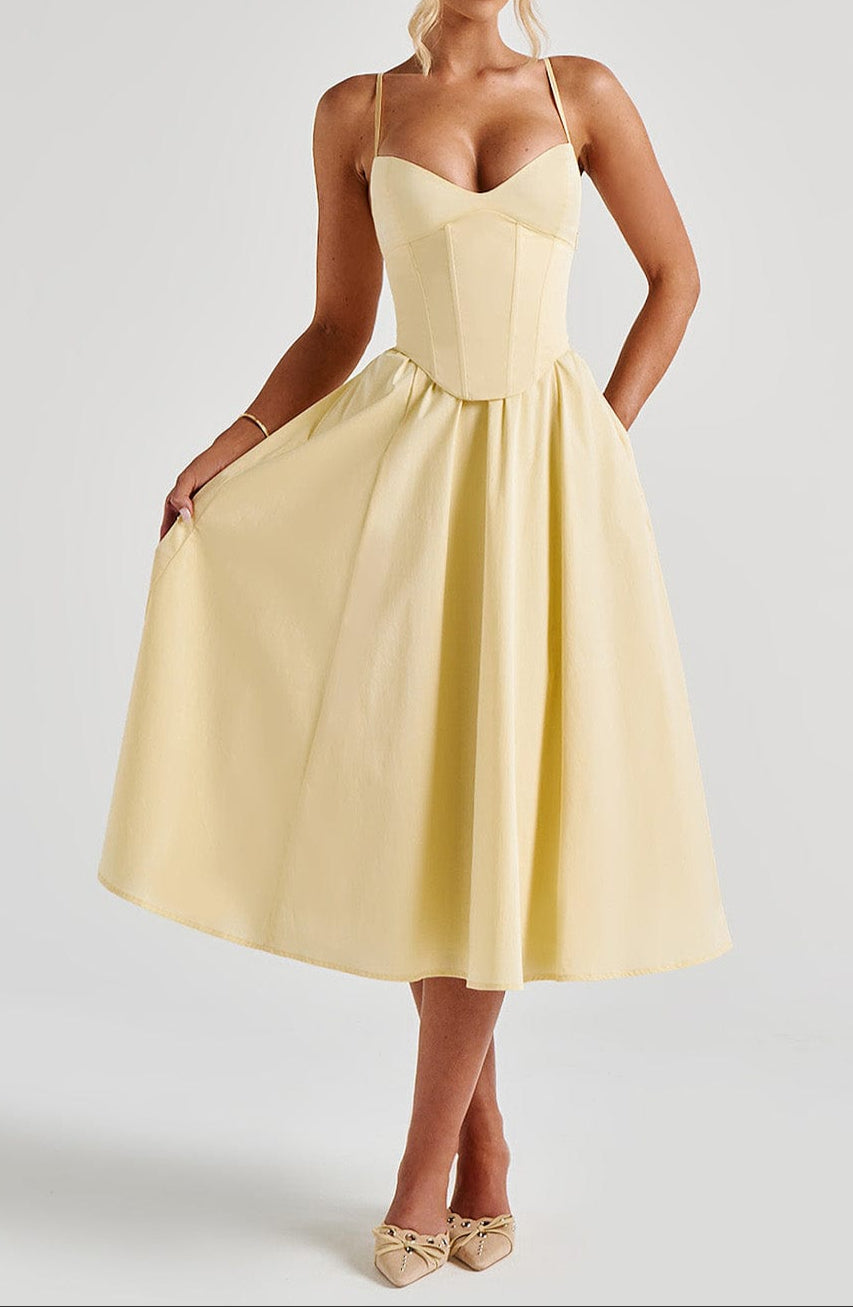 NOUVEAU RICHE Zitronengelb Midi Kleid Mit Herz Ausschnitt Und Korsett