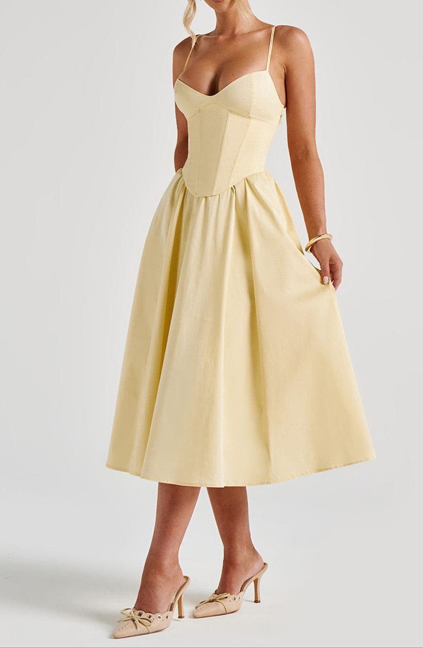 NOUVEAU RICHE Zitronengelb Midi Kleid Mit Herz Ausschnitt Und Korsett