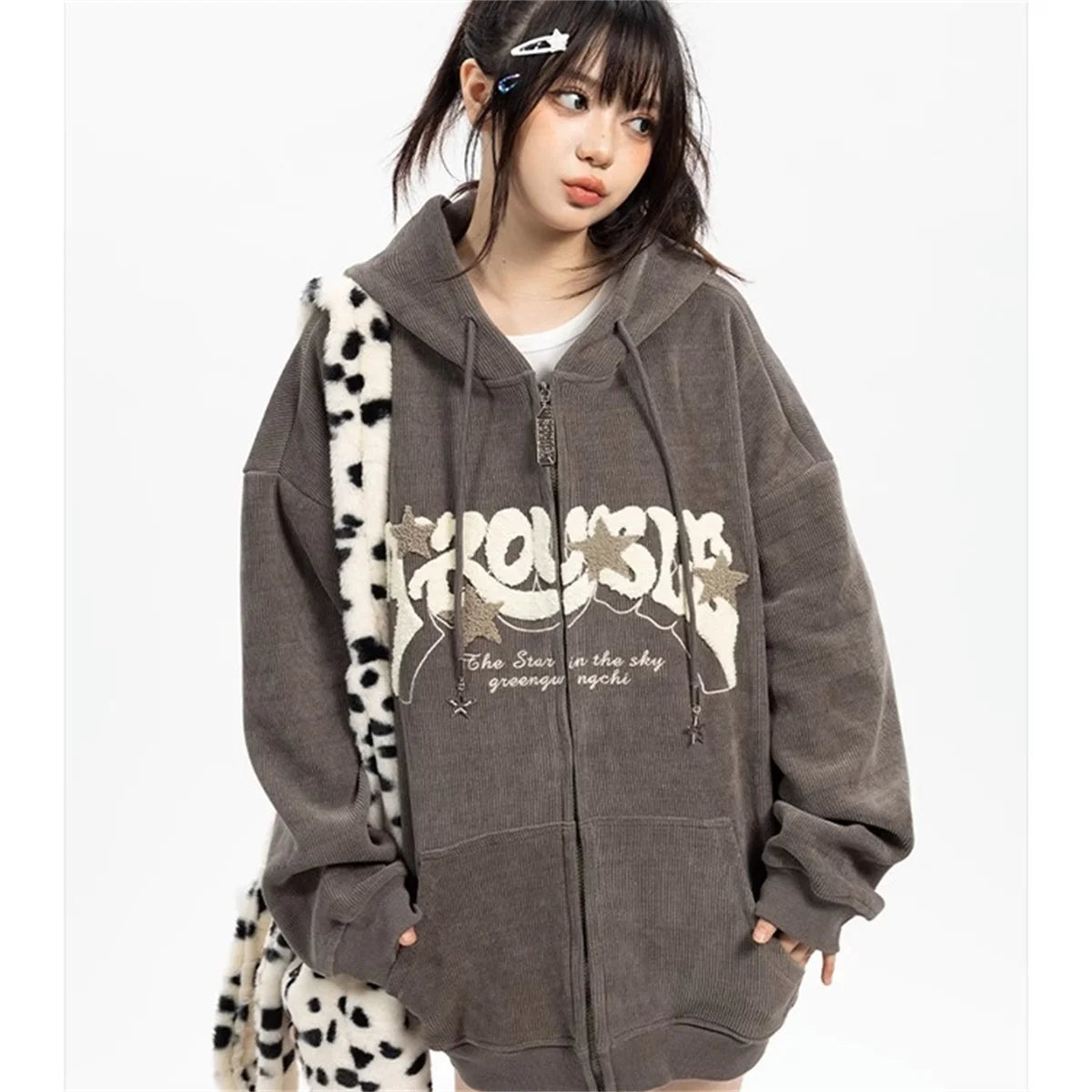 NOUVEAU RICHE Frauen Zip Up Hoodies Mode Harajuku Y2K Langarm Hoodie Grau