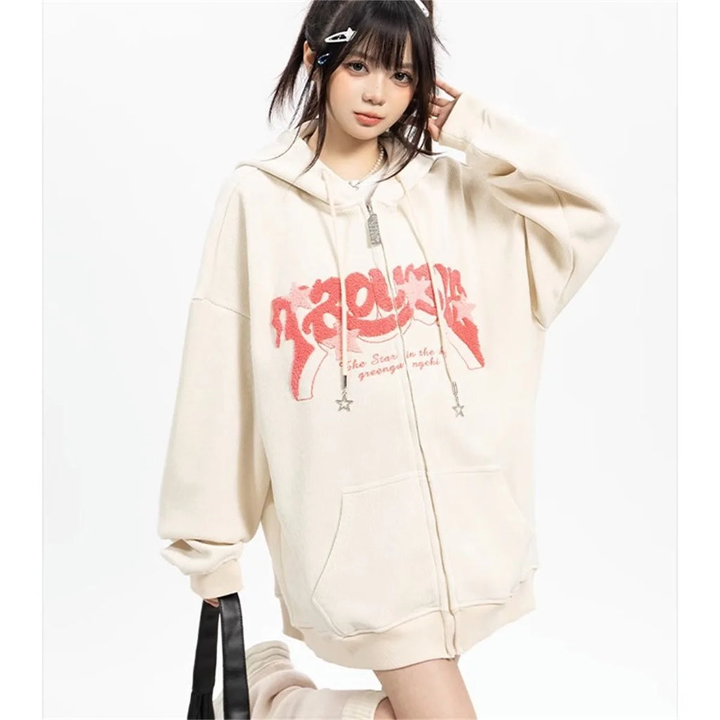 NOUVEAU RICHE Frauen Zip Up Hoodies Mode Harajuku Y2K Langarm Hoodie Aprikose