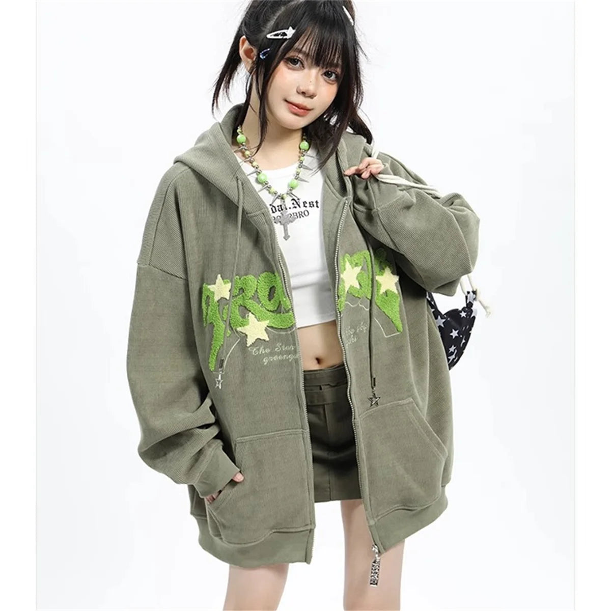 NOUVEAU RICHE Frauen Zip Up Hoodies Mode Harajuku Y2K Langarm Hoodie Grün
