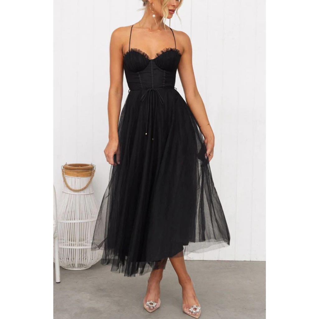 NOUVEAU RICHE Damen Midi-Sommerkleid – Modernes Design & Spaghettiträger Schwarz