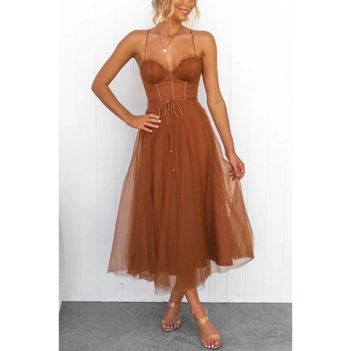 NOUVEAU RICHE Damen Midi-Sommerkleid – Modernes Design & Spaghettiträger Rost