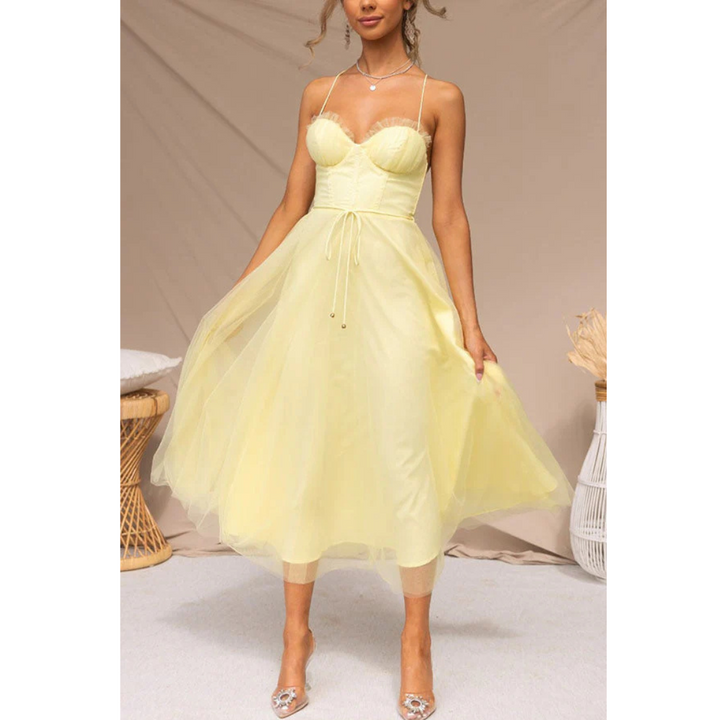 NOUVEAU RICHE Damen Midi-Sommerkleid – Modernes Design & Spaghettiträger Gelb