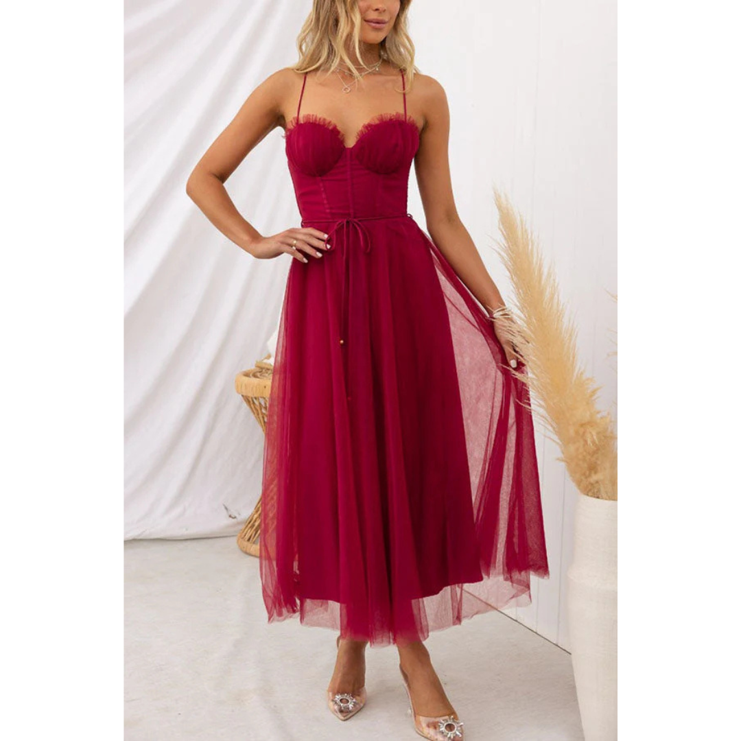 NOUVEAU RICHE Damen Midi-Sommerkleid – Modernes Design & Spaghettiträger Weinrot