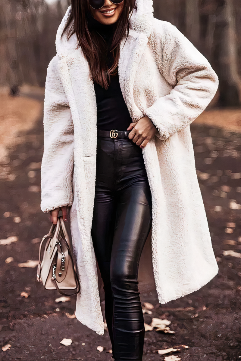NOUVEAU RICHE Damen Teddymantel Lange Länge Weicher Flausch Warmkomfort Weiß