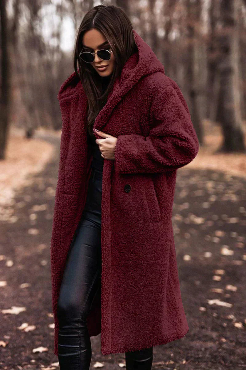 NOUVEAU RICHE Damen Teddymantel Lange Länge Weicher Flausch Warmkomfort Rot