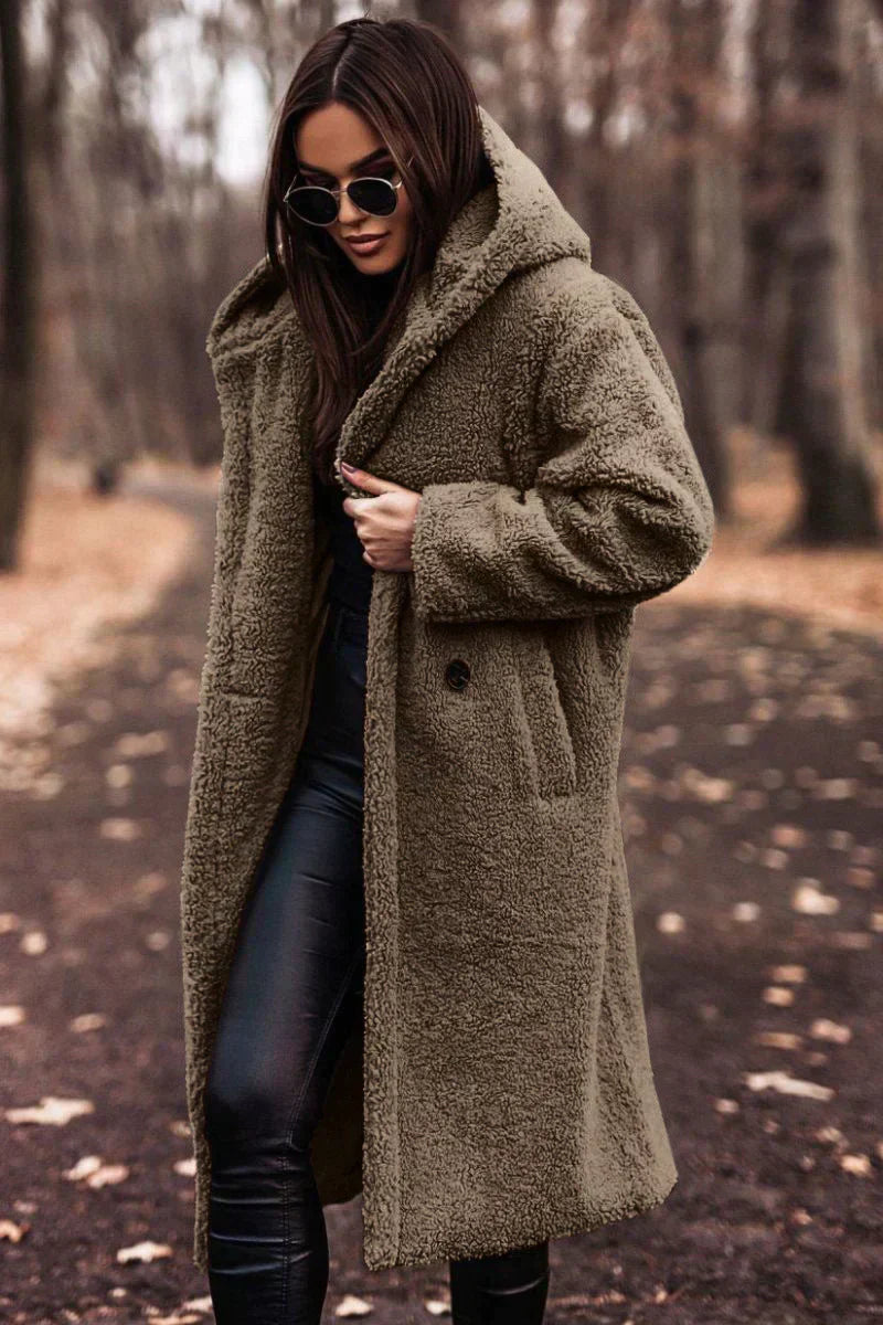NOUVEAU RICHE Damen Teddymantel Lange Länge Weicher Flausch Warmkomfort Khaki