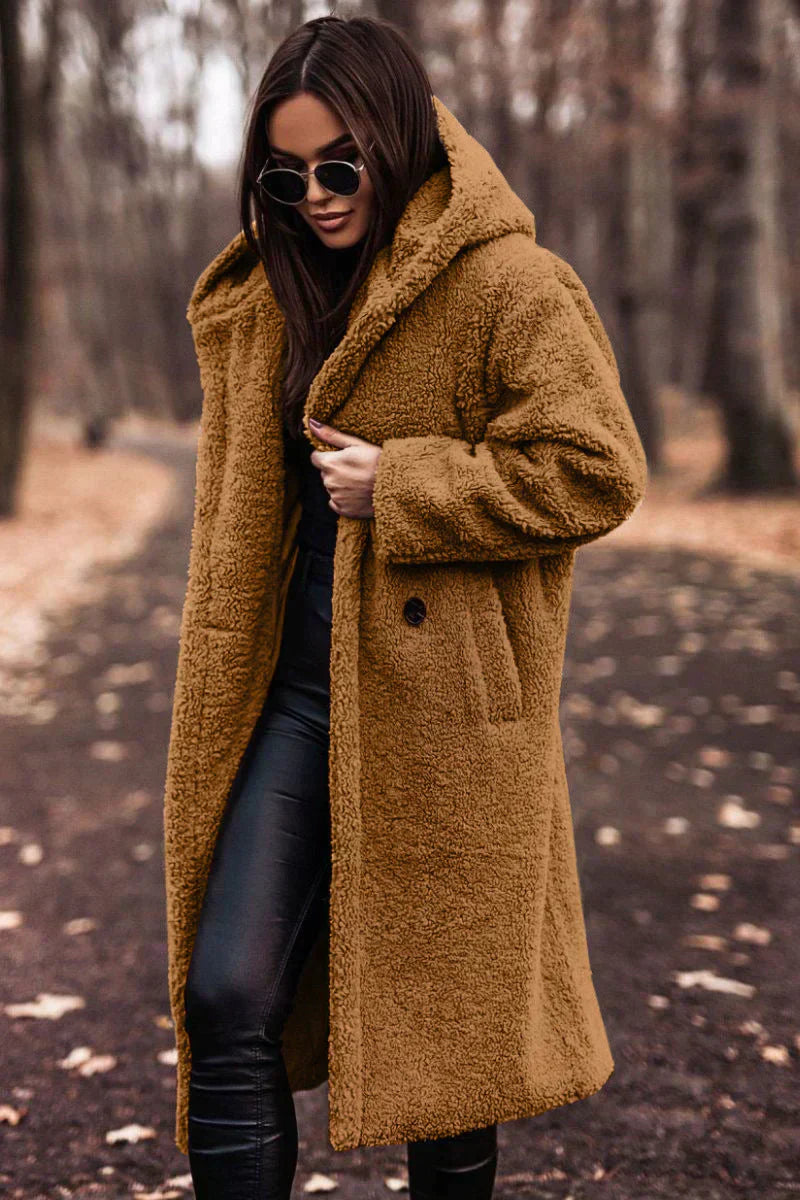 NOUVEAU RICHE Damen Teddymantel Lange Länge Weicher Flausch Warmkomfort Hellbraun