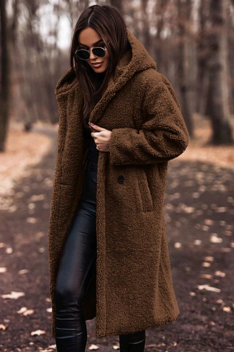 NOUVEAU RICHE Damen Teddymantel Lange Länge Weicher Flausch Warmkomfort Braun