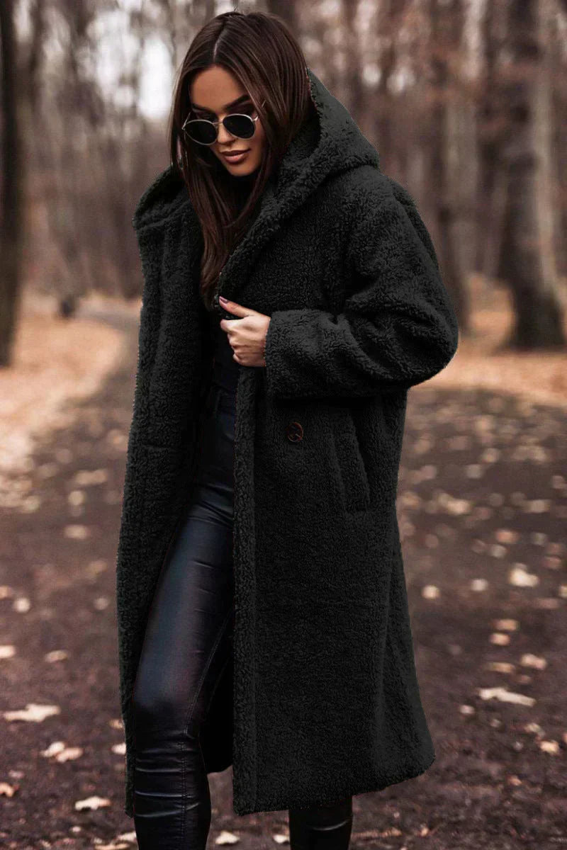 NOUVEAU RICHE Damen Teddymantel Lange Länge Weicher Flausch Warmkomfort Schwarz