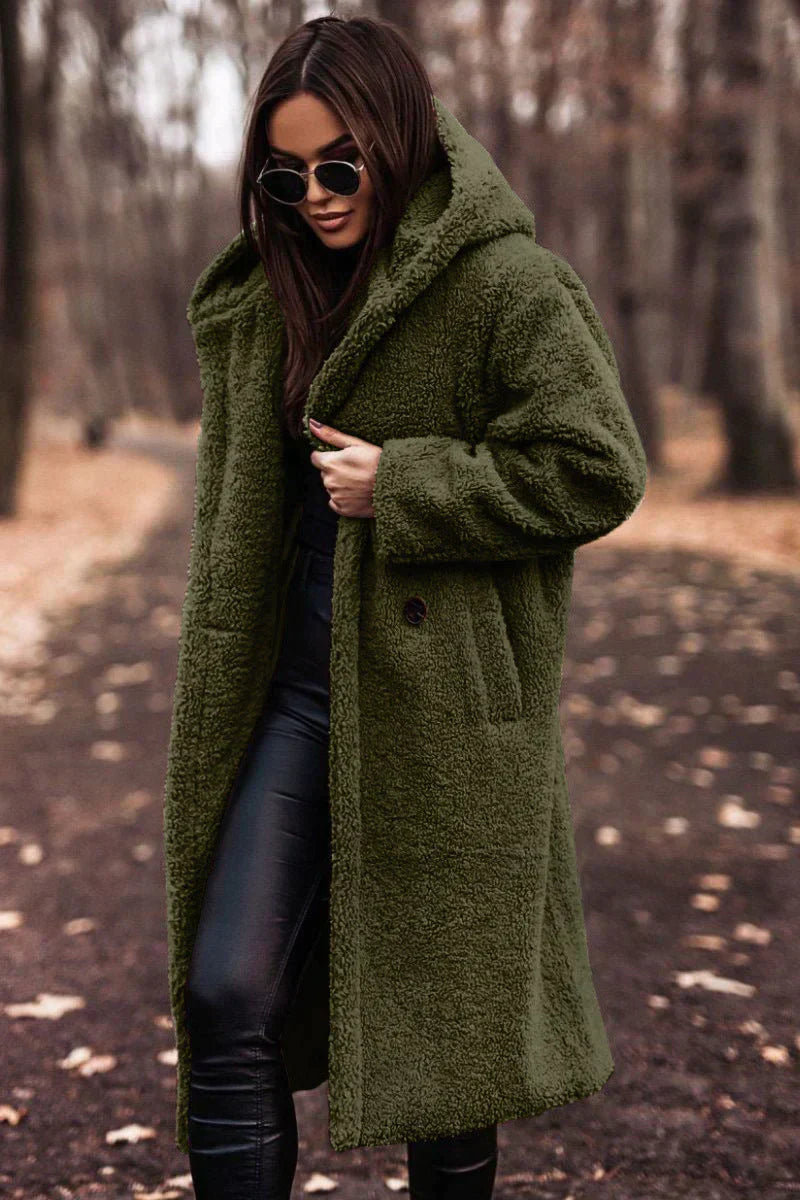 NOUVEAU RICHE Damen Teddymantel Lange Länge Weicher Flausch Warmkomfort Grün