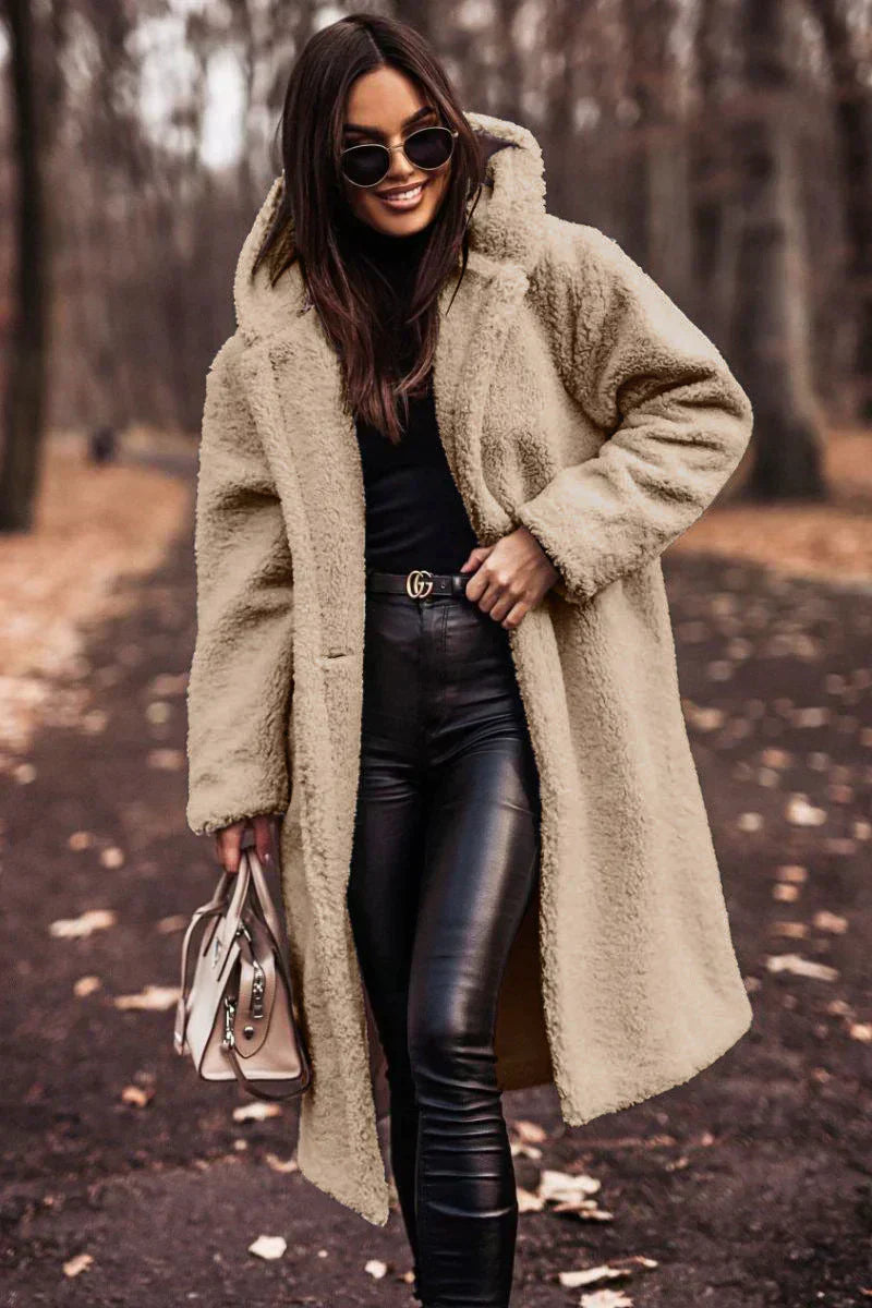 NOUVEAU RICHE Damen Teddymantel Lange Länge Weicher Flausch Warmkomfort Beige