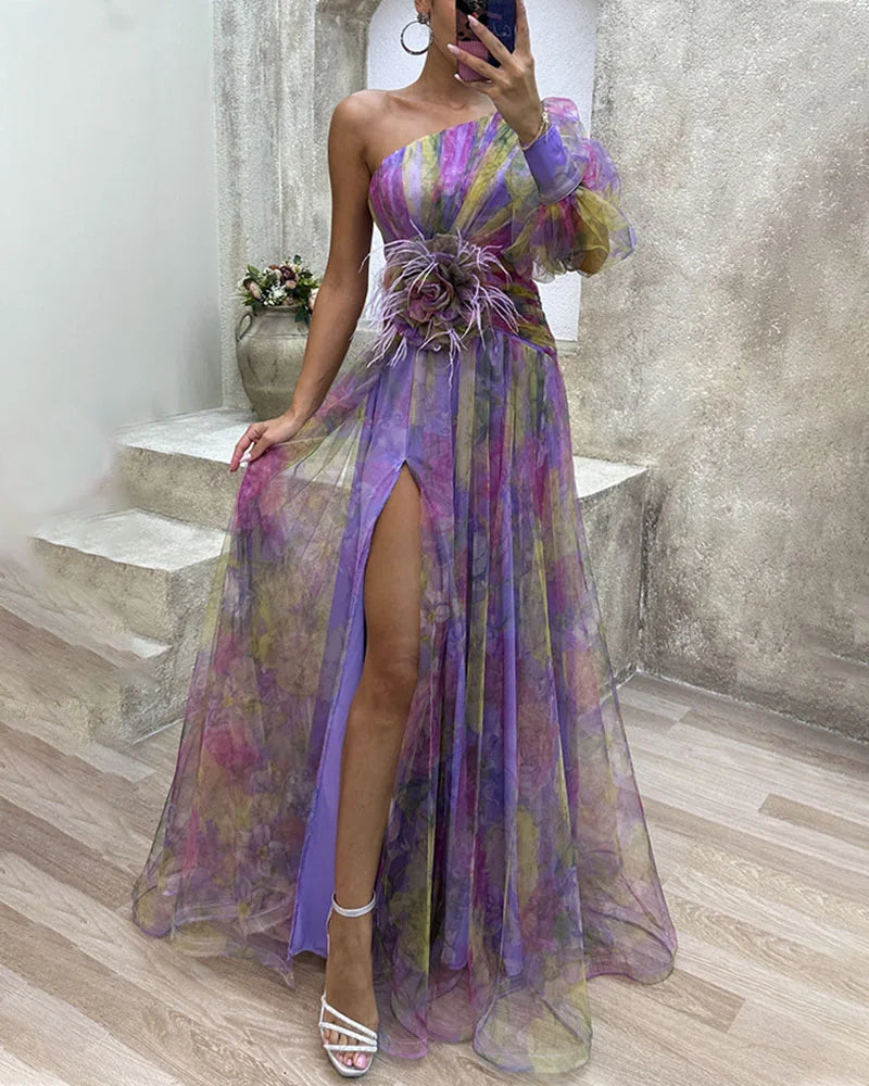NOUVEAU RICHE Abendkleid Mit Einer Schulter Asymmetrische Ärmel Blumendruck