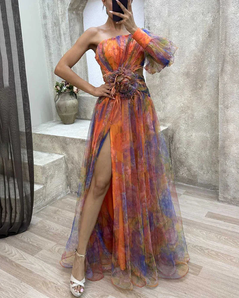 NOUVEAU RICHE Abendkleid Mit Einer Schulter Asymmetrische Ärmel Blumendruck Orange