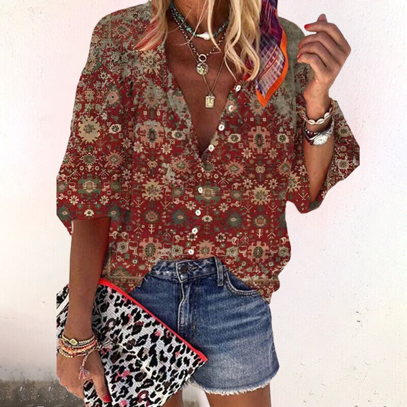 NOUVEAU RICHE Bedruckte Sommerbluse Damen Knopfverschluss Halblangen Ärmeln Braun
