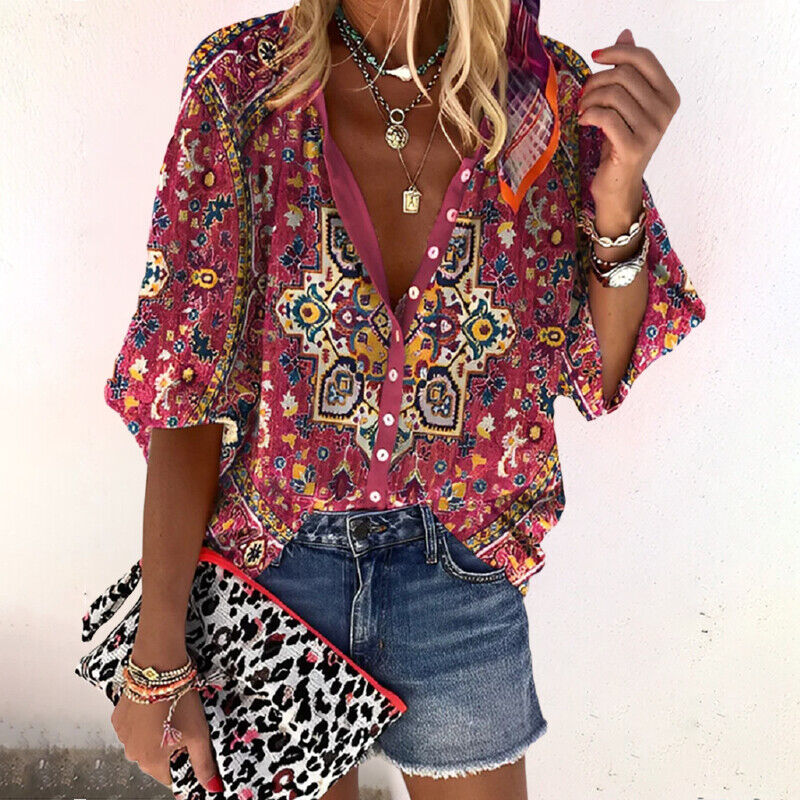 NOUVEAU RICHE Bedruckte Sommerbluse Damen Knopfverschluss Halblangen Ärmeln Rot