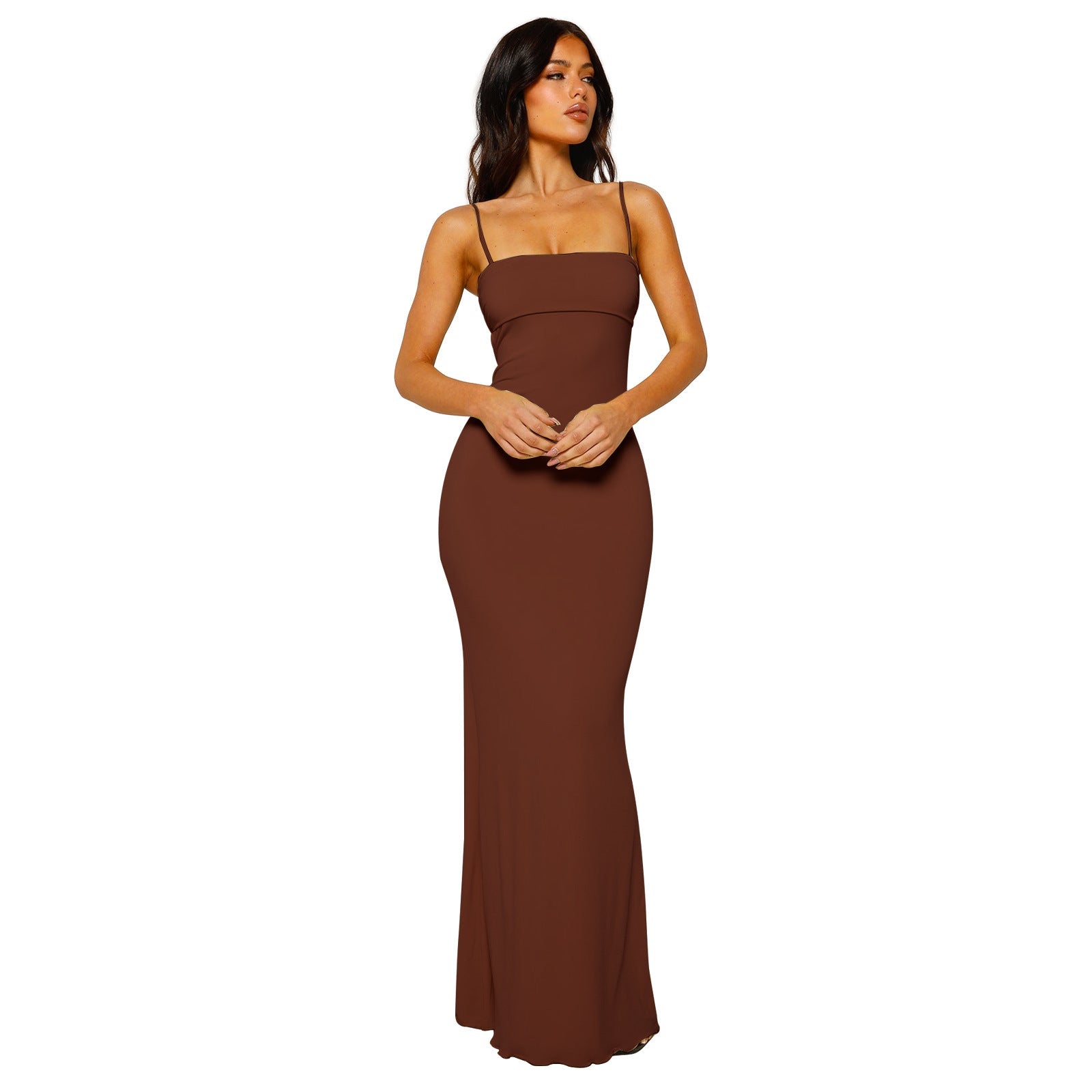 NOUVEAU RICHE Bodycon Maxikleid Damen Rückenfrei Elegante Abendgarderobe Braun
