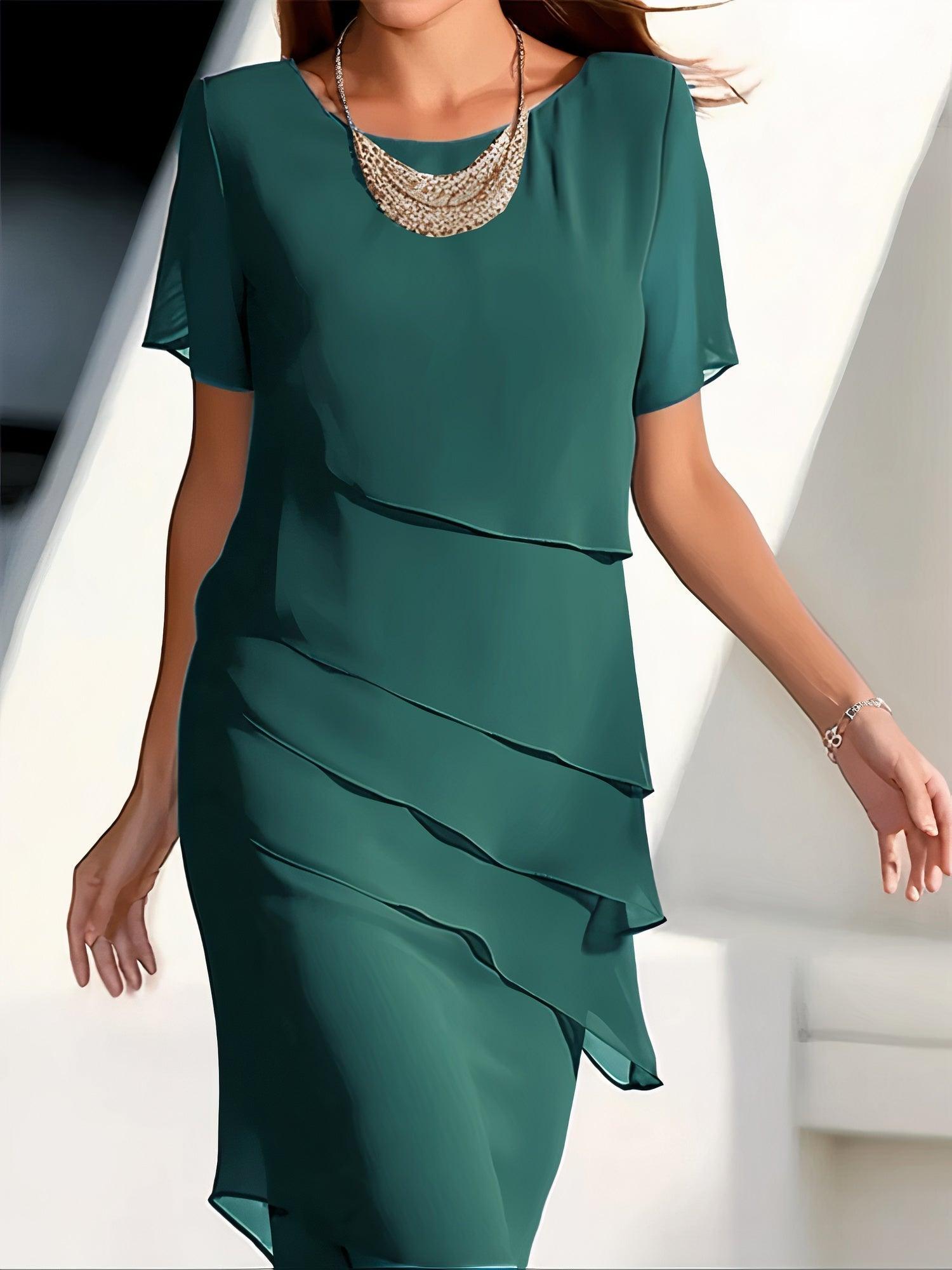 NOUVEAU RICHE Chiffon Plissee Midikleid Damen Elegante Abendmode Stilvoll Grün