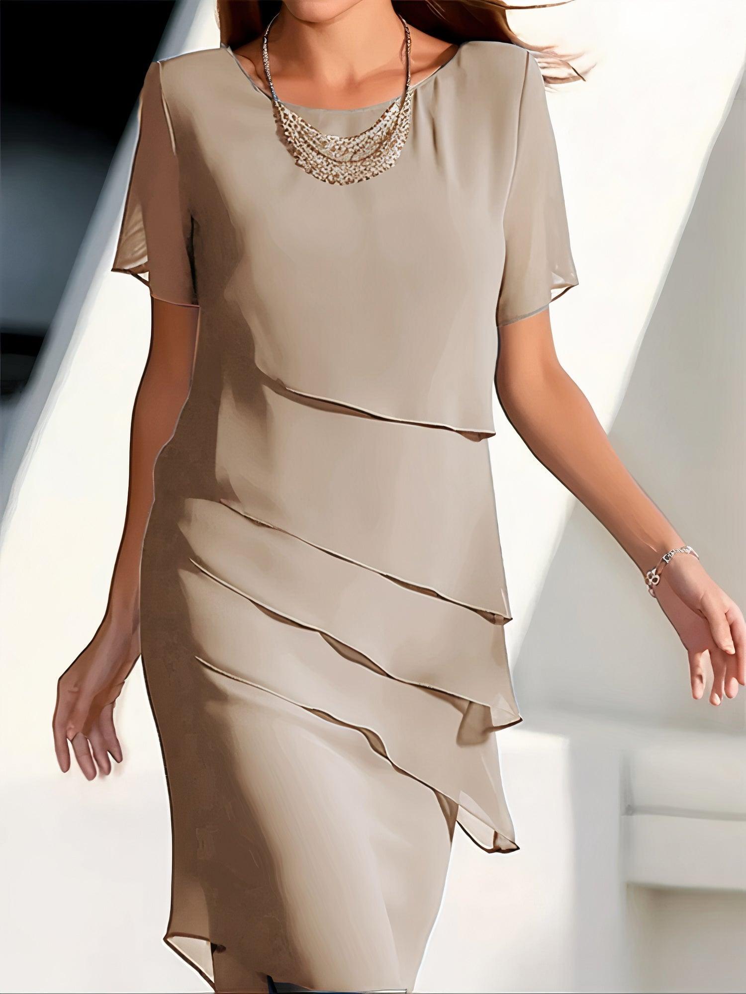 NOUVEAU RICHE Chiffon Plissee Midikleid Damen Elegante Abendmode Stilvoll Khaki