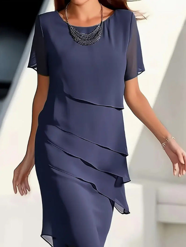 NOUVEAU RICHE Chiffon Plissee Midikleid Damen Elegante Abendmode Stilvoll Marineblau