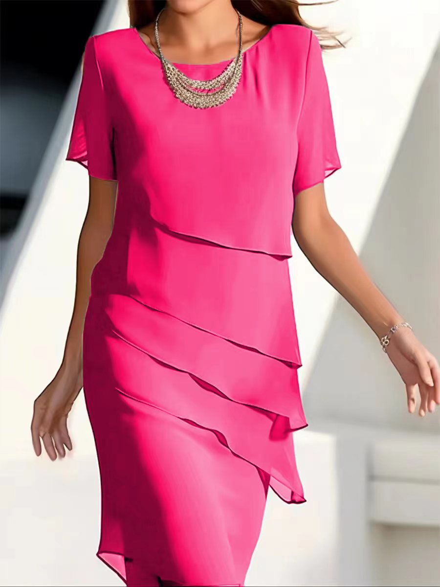 NOUVEAU RICHE Chiffon Plissee Midikleid Damen Elegante Abendmode Stilvoll Rosa