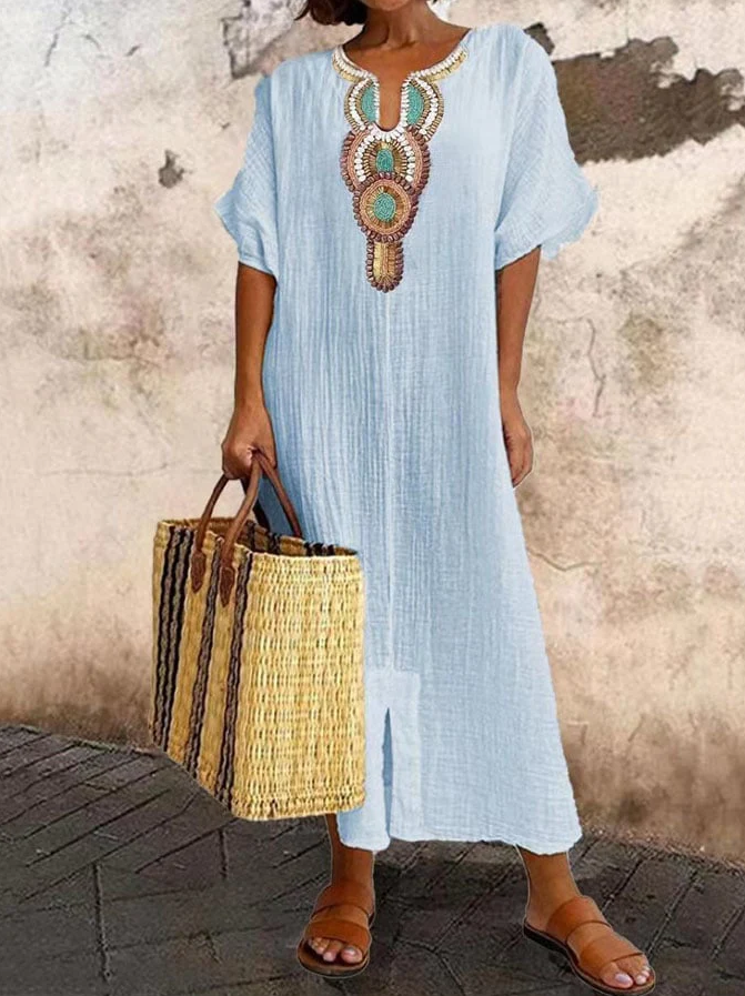 NOUVEAU RICHE Damen Baumwoll Kaftan Kleid Sommer Freizeit Ethno Boho Stil Hellblau