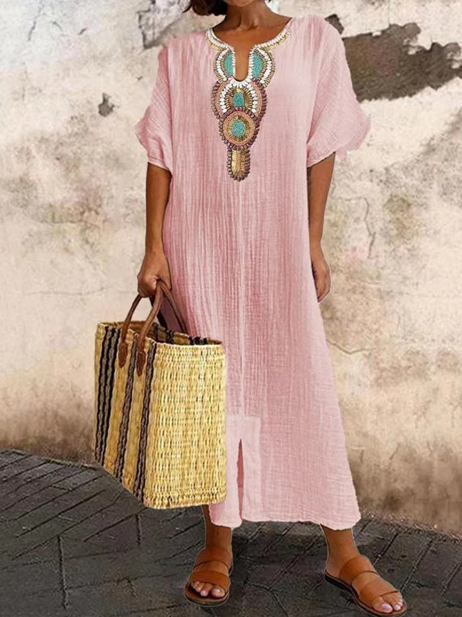 NOUVEAU RICHE Damen Baumwoll Kaftan Kleid Sommer Freizeit Ethno Boho Stil Pink