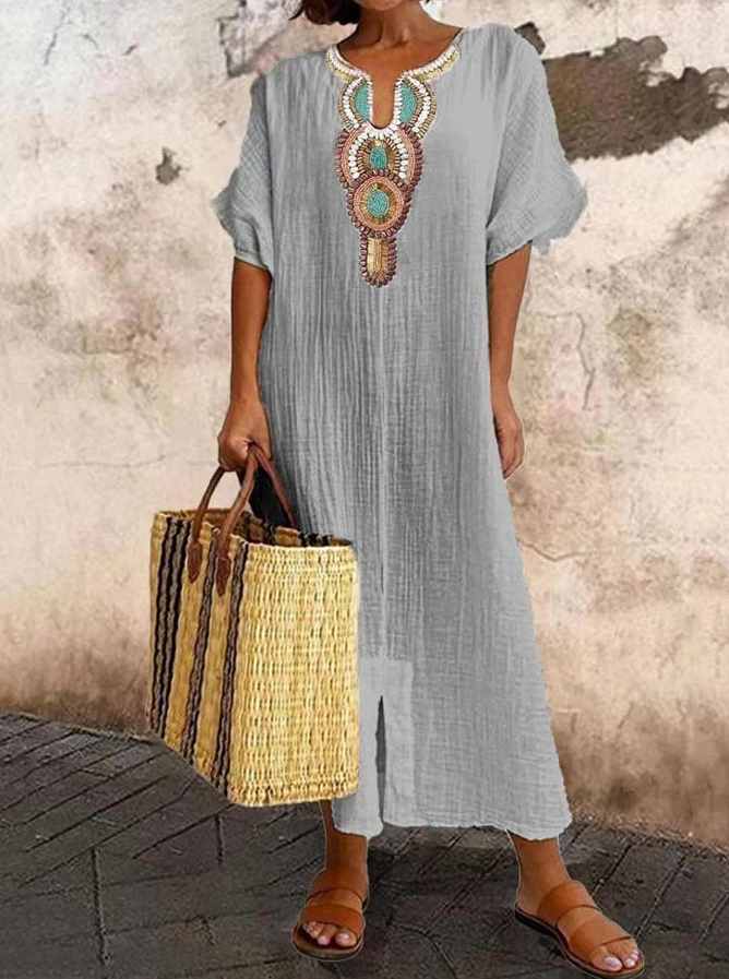 NOUVEAU RICHE Damen Baumwoll Kaftan Kleid Sommer Freizeit Ethno Boho Stil