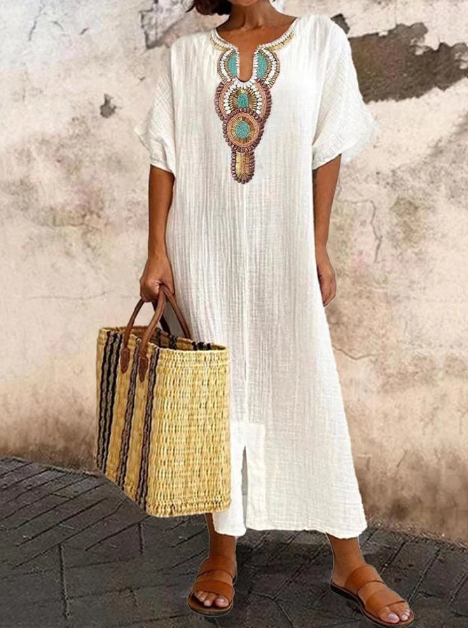 NOUVEAU RICHE Damen Baumwoll Kaftan Kleid Sommer Freizeit Ethno Boho Stil Weiß
