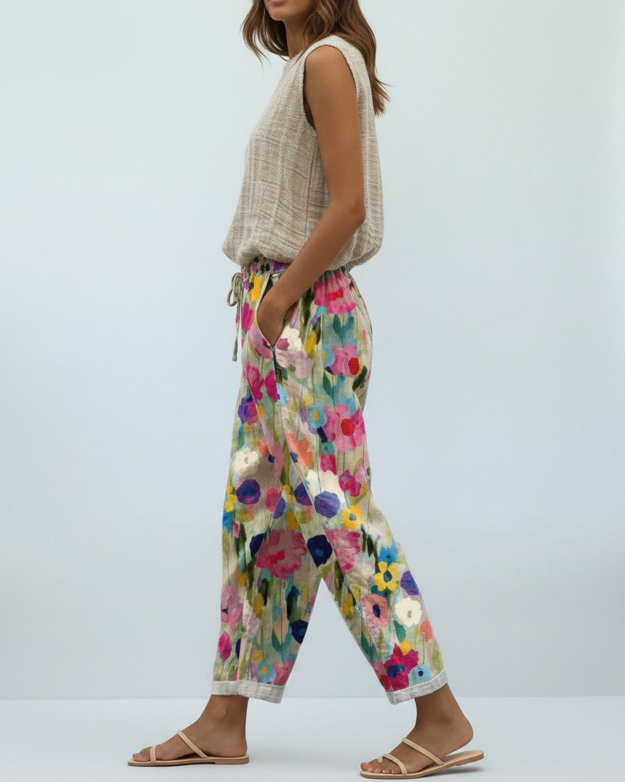 Damenhose Blumenmuster Bequem – Weite Stoffhose Mit Taschen Im Boho-Look