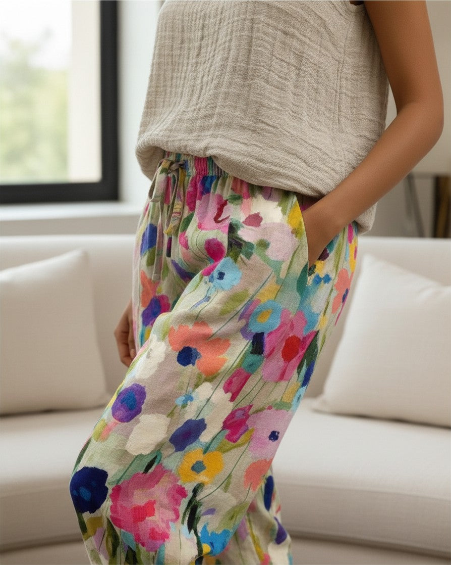 Damenhose Blumenmuster Bequem – Weite Stoffhose Mit Taschen Im Boho-Look