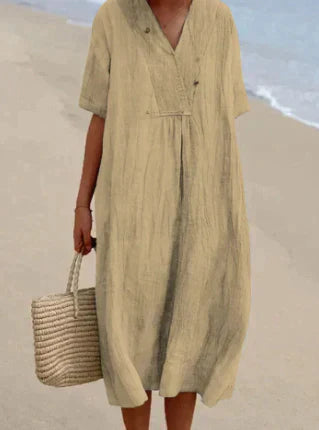 NOUVEAU RICHE Damen Kleid Locker V-Ausschnitt Kurze Ärmel Leicht Gewebe Beige