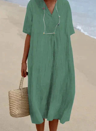 NOUVEAU RICHE Damen Kleid Locker V-Ausschnitt Kurze Ärmel Leicht Gewebe Grün