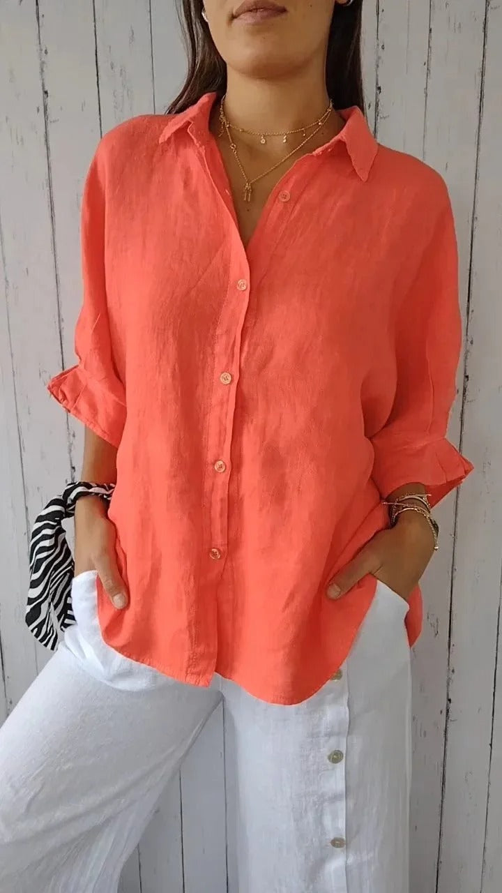 NOUVEAU RICHE Damen Leinen Hemd Mit Knöpfen Lässig Und Atmungsaktiv Orange