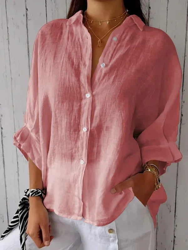 NOUVEAU RICHE Damen Leinen Hemd Mit Knöpfen Lässig Und Atmungsaktiv Rosa