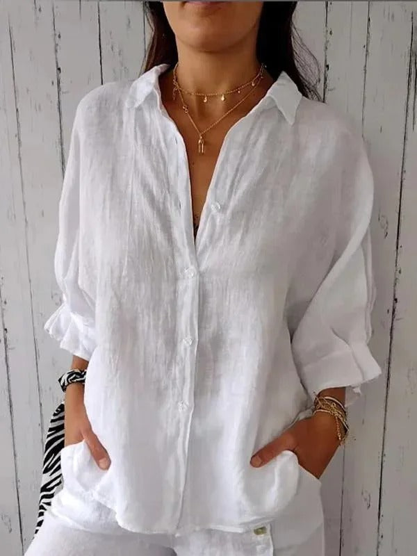 NOUVEAU RICHE Damen Leinen Hemd Mit Knöpfen Lässig Und Atmungsaktiv Weiß