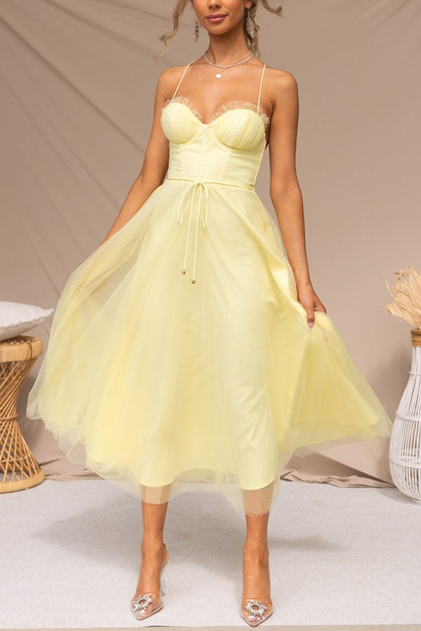 NOUVEAU RICHE Damen Maxikleid Fließend Chiffon Stoff V Ausschnitt Ärmellos Gelb