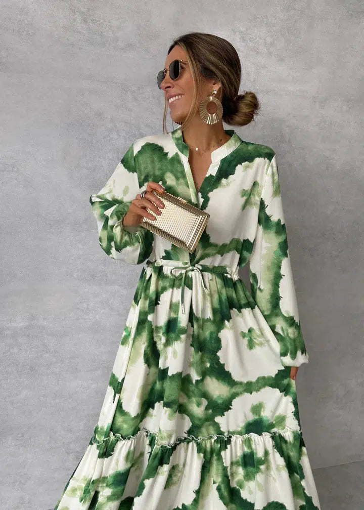 NOUVEAU RICHE Damen Maxikleid Langarm V Ausschnitt Elegantes Fließendes Design