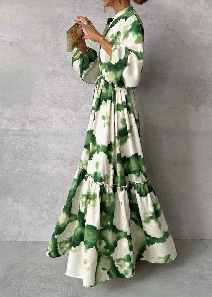 NOUVEAU RICHE Damen Maxikleid Langarm V Ausschnitt Elegantes Fließendes Design Grün
