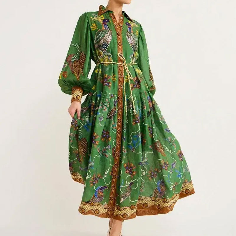 NOUVEAU RICHE Damen Maxikleid Langarm V Ausschnitt Elegantes Fließendes Design Grün bedruckt XXL
